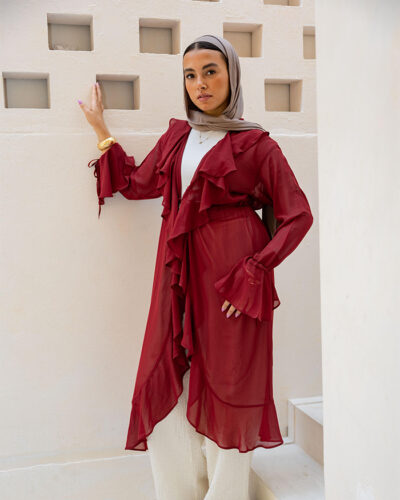 Ruffle Cardigan-Cherry Red
