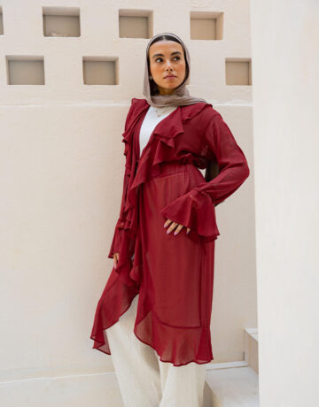 Ruffle Cardigan-Cherry Red